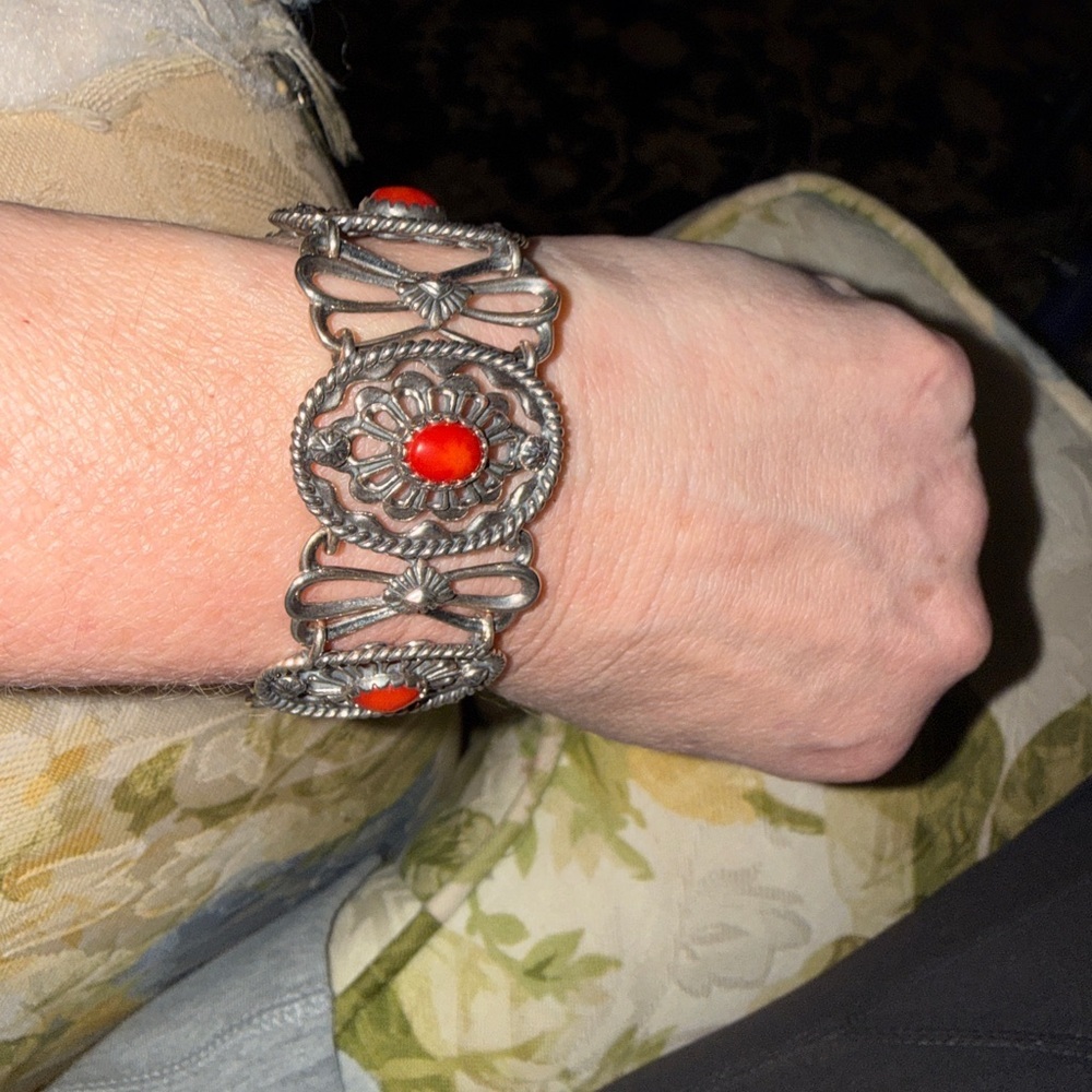 Silver and Red Coral filagree Bracelet Sterling Silver 925 - Picture 7 of 12